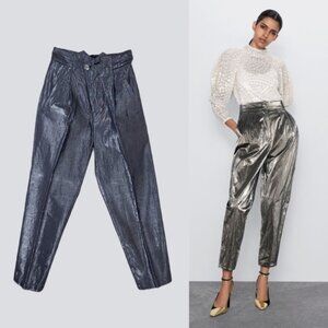 Vintage Metallic Trousers ultra high rise silver gun metal tapered paper bag